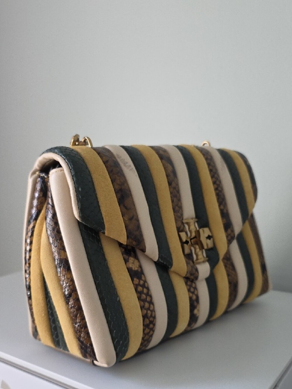Tory Burch Kira Mustard Green Multi-Stripe Leather and Suede Shoulder Bag - Picture 2 of 6